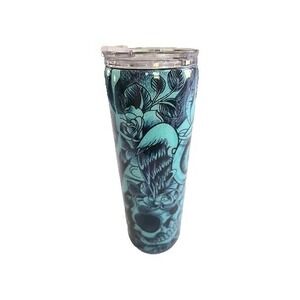 20 oz skinny tumbler Teal Skull Floral Glitter Goth Dia De Los Muertos Stainless